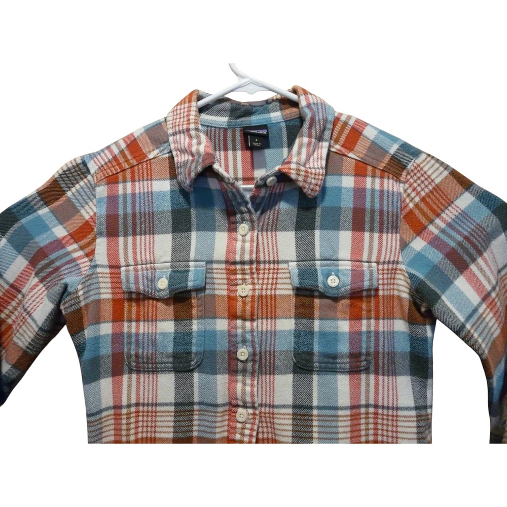 Patagonia Flannel Shirt Womens 2 Teal Red Plaid Top Flap Pockets Organic Cotton